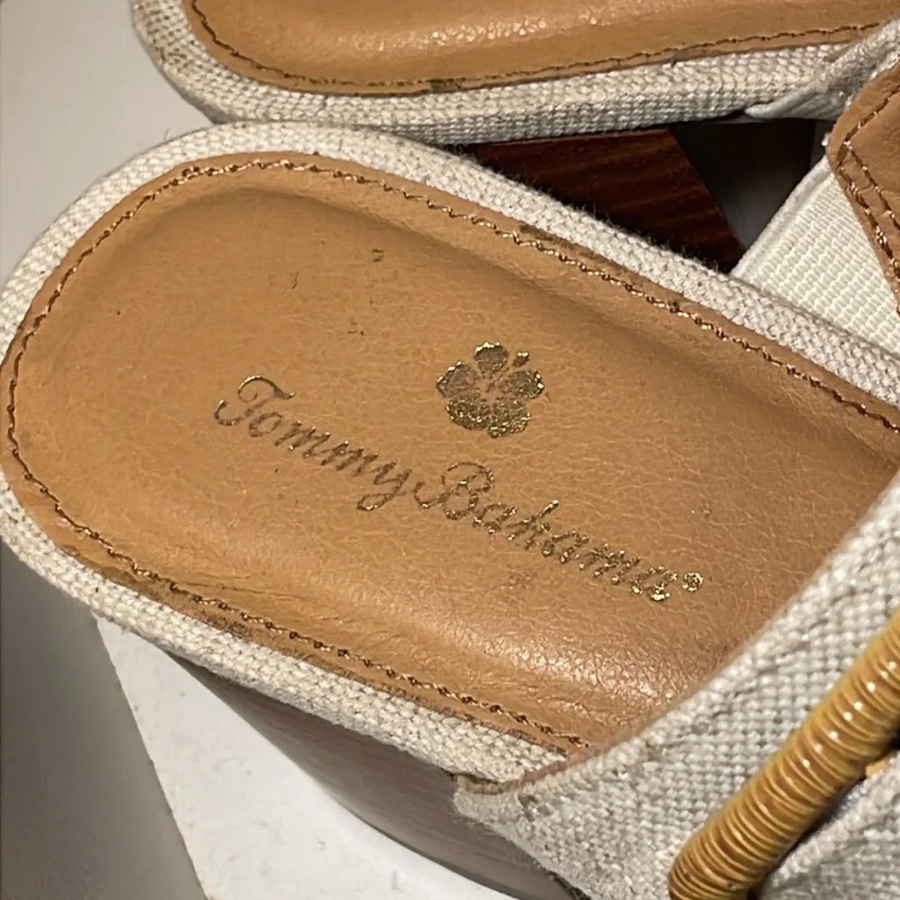 Tommy Bahama Trista Sandal Neutral Tan Linen Block Heel Mule Women’s Size 10 M
